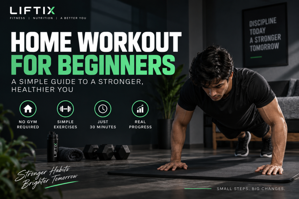 Home workout for beginners with a man doing push-ups at home